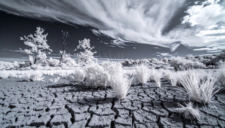 An otherworldly scene unfolds where the earth is fractured and dry, yet the vegetation glows with an ethereal white light under a dramatic, swirling sky.の素材
