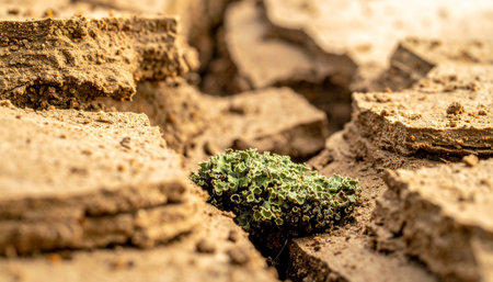 A single, vibrant green cannabis bud emerges from the deep fissures of dry, cracked earth.の素材