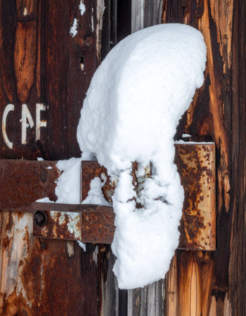 A thick blanket of fresh snow clings to a corroded metal hinge on an old, weathered wooden door.の素材