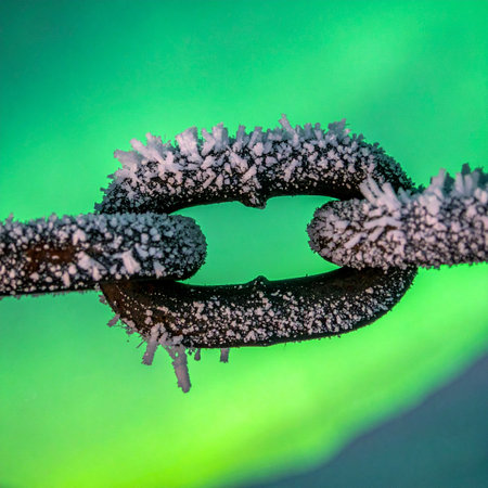 A macro view captures the intricate beauty of hoarfrost crystals clinging to a cold, dark metal chain.の素材