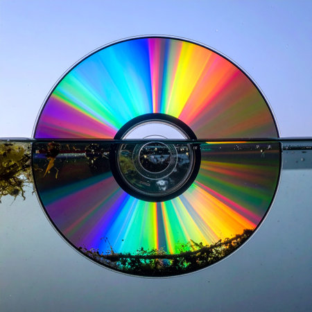 A vintage compact disc, a relic of a bygone digital era, rests half-submerged in calm water.の素材