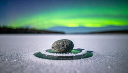 A single stone, perfectly balanced on a pedestal of ice, rests on a frozen lake under the silent, dancing spectacle of the aurora borealis.の素材