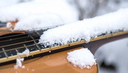 A close-up view captures the poignant beauty of a guitar's fretboard left out in the cold, blanketed in fresh winter snow.の素材