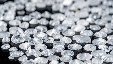 A mesmerizing macro view of countless brilliant-cut diamonds scattered across a dark, reflective surface.の素材