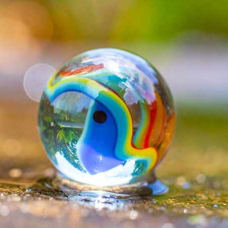 A single, colorful glass marble rests on a wet surface, its transparent sphere capturing a miniature world of rainbow swirls.の素材