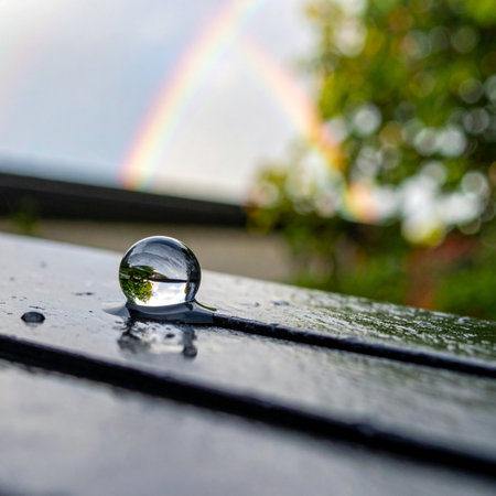 After a gentle rain shower, a single perfect water droplet rests on a dark surface, acting as a tiny crystal ball.の素材
