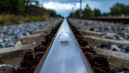 A tiny, clear sphere rests precariously on the cold, hard steel of a railway track that stretches towards a distant horizon.の素材