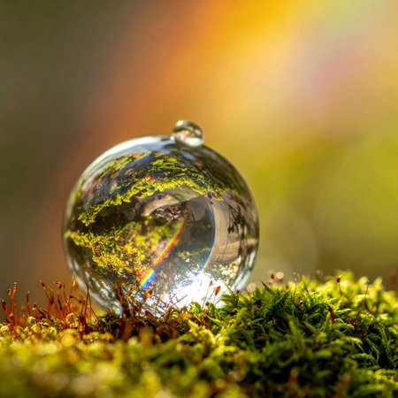 A single, perfect sphere of water rests on a bed of vibrant green moss, acting as a natural crystal ball.の素材