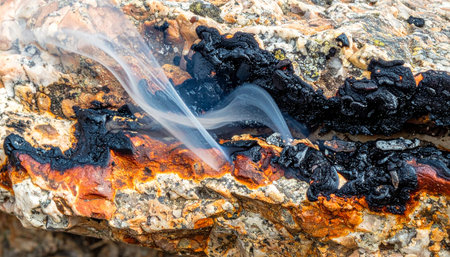 Wisps of fragrant smoke curl upwards from a smoldering piece of natural resin, releasing an ancient, earthy aroma.の素材