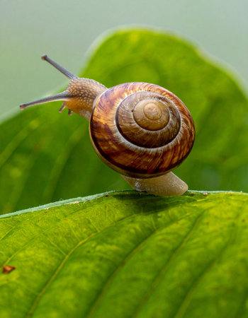 A small garden snail with its delicate antennae extended embarks on a slow and steady journey across the vast, textured landscape of a vibrant green leaf.の素材