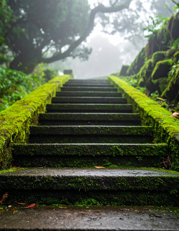 Stone steps, carpeted in vibrant green moss, ascend into a mysterious, dense fog.の素材
