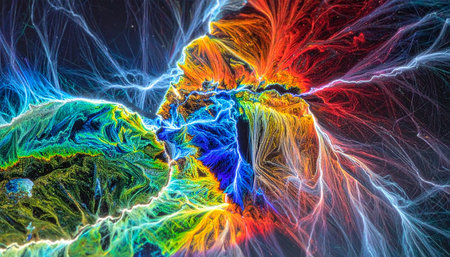 A brilliant explosion of multicolored light and electrical energy forms a complex, interconnected web.の素材