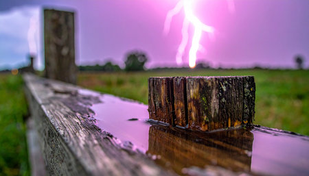 A powerful bolt of lightning illuminates a purple twilight sky, striking down over a rural landscape.の素材