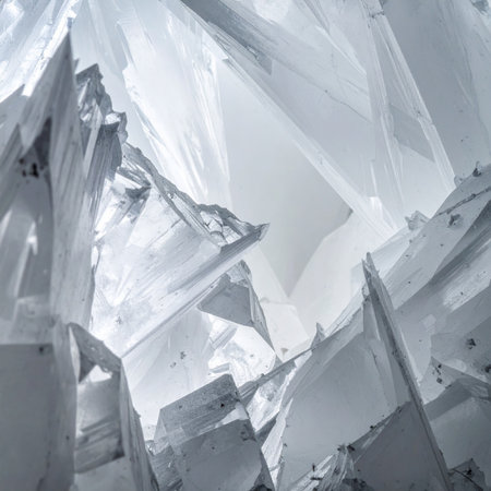 A macro perspective of sharp, crystalline structures, creating a dynamic and complex geometric pattern.の素材