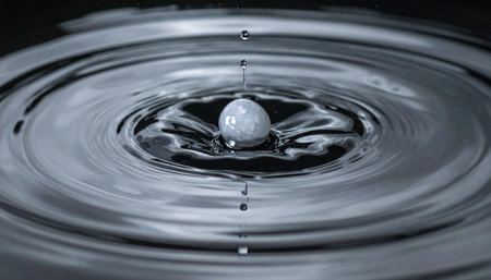 A single, perfect drop makes an impact on a still water surface, sending out a series of concentric ripples.の素材