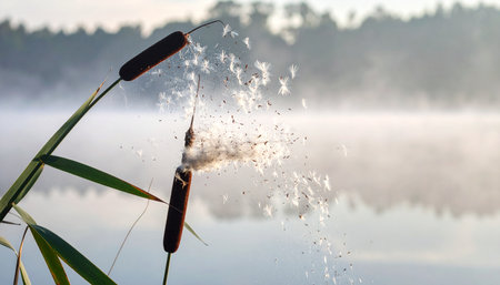 As the sun rises, a gentle morning mist blankets the tranquil lake.の素材