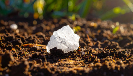 A single piece of crumpled plastic waste lies discarded on rich, fertile soil, illuminated by the warm glow of the sun.の素材