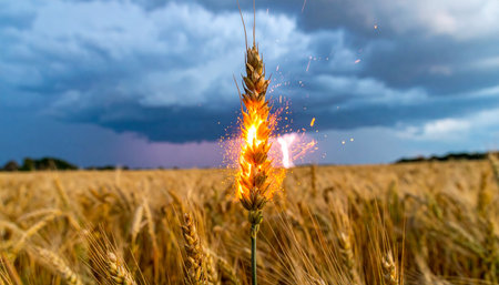 In a vast golden field under a foreboding, stormy sky, a single stalk of wheat is struck by a bolt of lightning, igniting in a brilliant flash.の素材