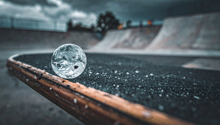In the quiet solitude of an empty concrete skatepark, a crystal ball offers a unique and inverted perspective of the world.の素材