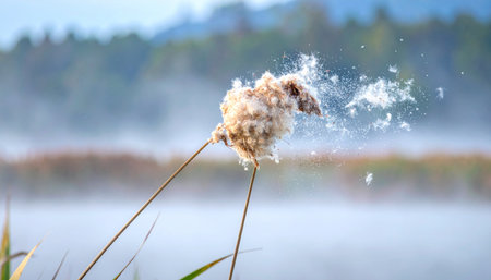 In the quiet hush of a foggy morning, a gentle breeze catches the fluffy head of a cattail, sending its seeds on a delicate journey across the misty water.の素材