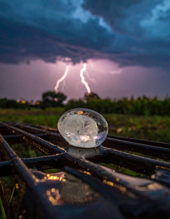 A crystal ball rests on wet metal bars, offering a moment of perfect clarity and focus amidst the raw, chaotic energy of a dramatic lightning storm.の素材