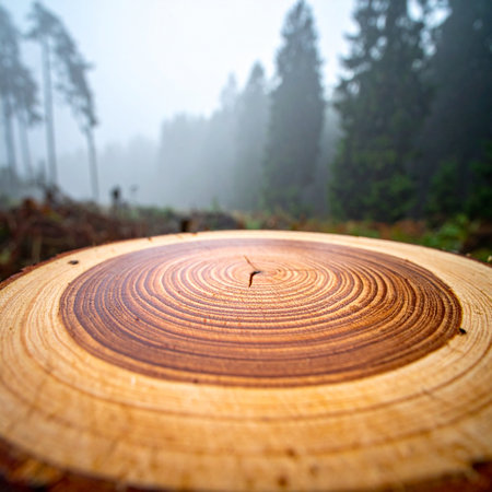 A detailed view of a freshly cut tree stump reveals the intricate history of its life through concentric growth rings.の素材
