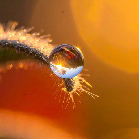 A single, perfect sphere of morning dew clings to a delicate plant stem, capturing the entire golden sunrise within its tiny form.の素材