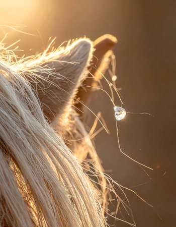 A single, perfect water droplet clings to a delicate hair on a horse's ear, catching the first golden rays of sunrise.の素材