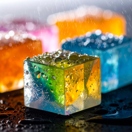 A vibrant macro photo of colorful, translucent cubes covered in glistening water droplets.の素材