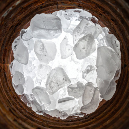 A view from the bottom of a deep, textured stone well, looking up towards a brilliant, otherworldly light source.の素材