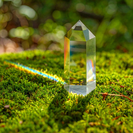 In a sun-dappled forest, a clear quartz crystal point stands on a bed of vibrant green moss.の素材