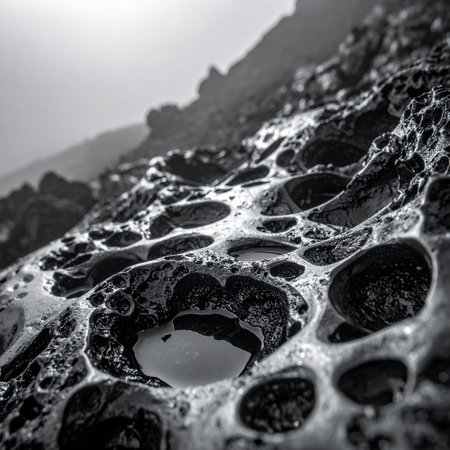 A dramatic, low-angle, black and white shot capturing the intricate, porous texture of a wet volcanic rock.の素材