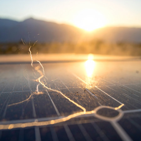 As the sun sets over a tranquil mountain lake, its last golden rays reflect off the shattered surface of a forgotten solar panel.の素材
