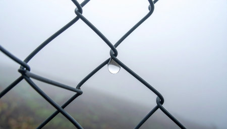 A single, perfect water droplet clings to a wire fence, a tiny sphere of perfect clarity against a deeply foggy and mysterious background.の素材