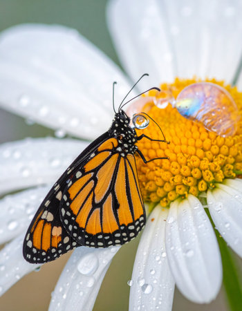 A delicate monarch butterfly rests on the soft white petals of a daisy, its vibrant orange wings a stark contrast.の素材