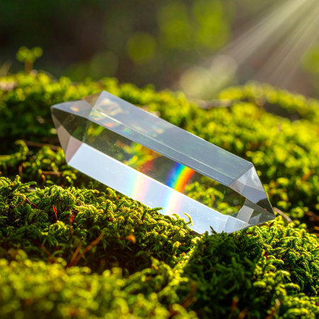 A beam of sunlight penetrates the forest canopy, illuminating a clear crystal prism resting on a bed of soft, green moss.の素材