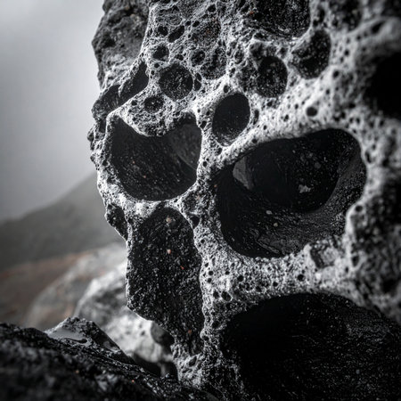 A close-up macro shot reveals the intricate and porous texture of a volcanic rock.の素材