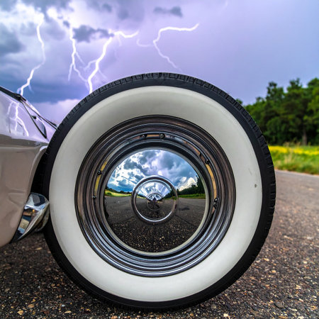 A classic car with gleaming chrome hubcaps and iconic whitewall tires is parked on a rural road as a powerful thunderstorm unleashes dramatic lightning in the sky.の素材