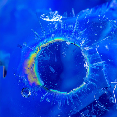 A powerful impact creates a stunning crater in a deep blue crystalline surface. Light refracts along the fractured edge, revealing a hidden rainbow of colors.の素材