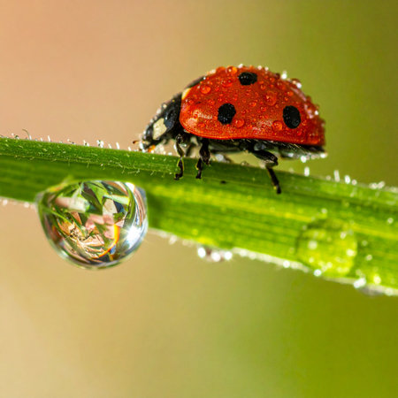 A tiny ladybug, adorned with glistening morning dew, pauses on a vibrant green blade of grass.の素材