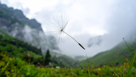 A single dandelion seed, a tiny vessel of hope, embarks on a silent journey. It drifts gracefully on the mountain breeze, floating through a vast, misty valley.の素材