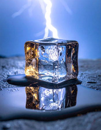 A powerful bolt of lightning strikes a single, perfect ice cube, creating a dramatic clash of elemental forces.の素材