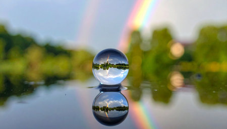 A crystal ball rests on the calm surface of a lake, capturing an inverted world within its sphere.の素材