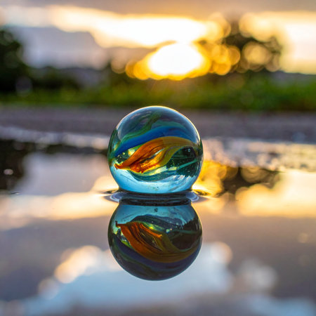 A crystal ball rests in a tranquil puddle, capturing and refracting the warm, golden light of a beautiful sunset.の素材
