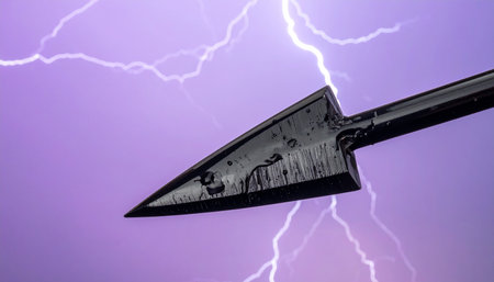 An ancient, forged arrowhead is silhouetted against a violent purple sky, split by a powerful lightning strike.の素材