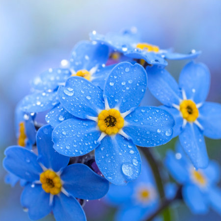 A macro photograph capturing a cluster of vibrant blue forget-me-not flowers, their delicate petals adorned with glistening morning dew drops.の素材