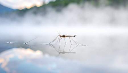 A lone mosquito delicately balances on the still surface of a lake as morning mist rises, creating a serene and tranquil scene.の素材