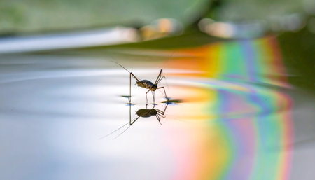 A delicate water strider balances perfectly on the still surface of a pond, its reflection a mirror image below.の素材