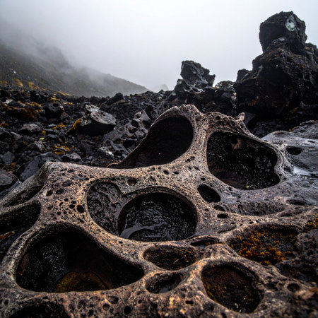 In a desolate, fog-shrouded volcanic wasteland, a bizarre and porous lava rock stands as a testament to ancient geological forces.の素材