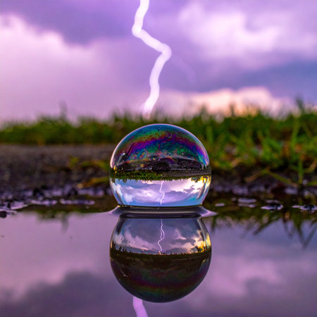 A crystal ball rests in a still puddle, perfectly capturing and inverting a dramatic lightning strike against a turbulent purple sky.の素材
